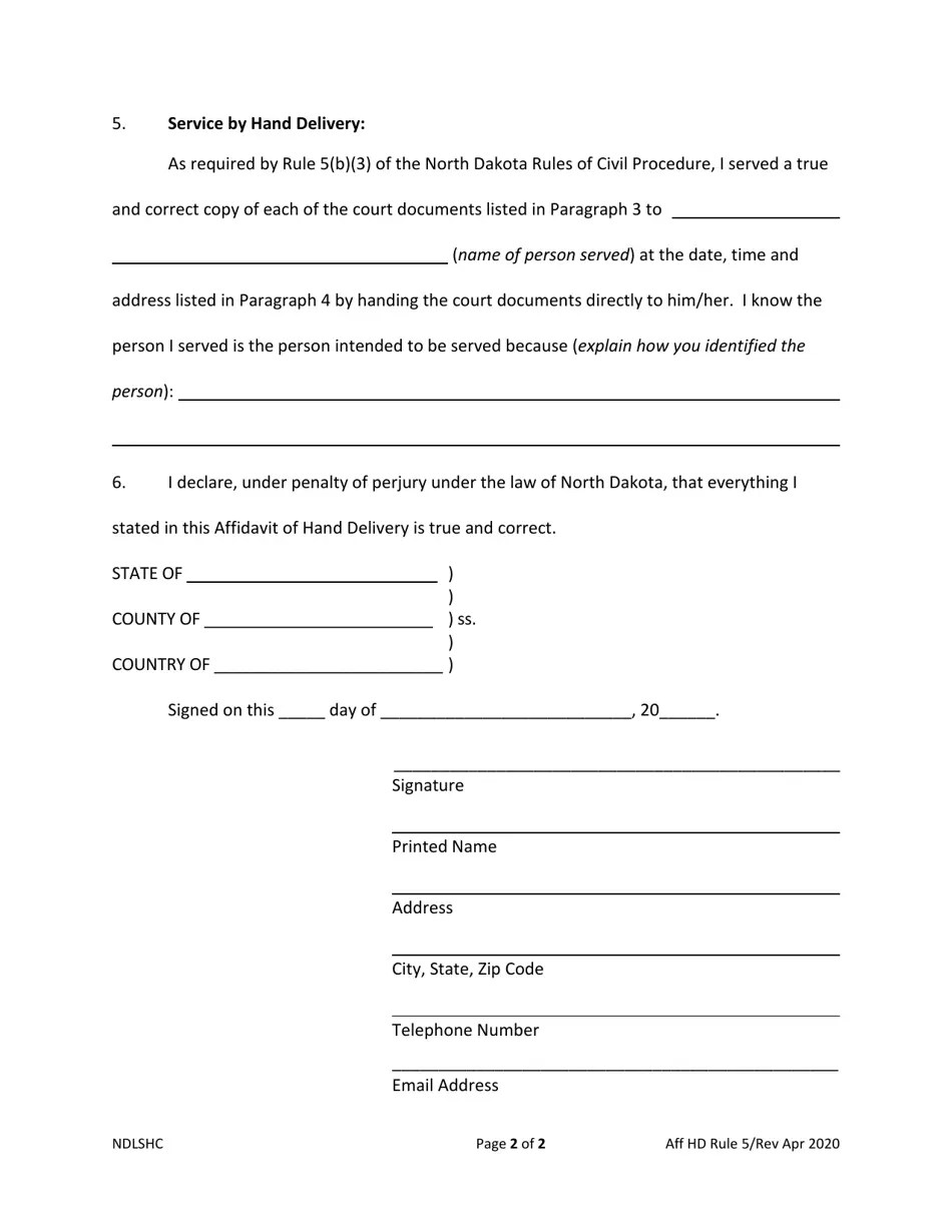 North Dakota Affidavit of Service by Hand Delivery Download Fillable