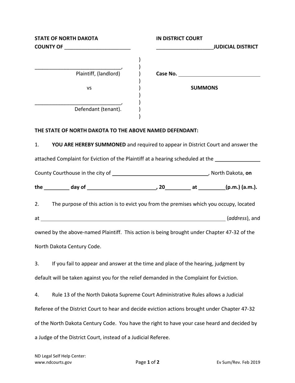 North Dakota Eviction Summons Fill Out, Sign Online and Download PDF