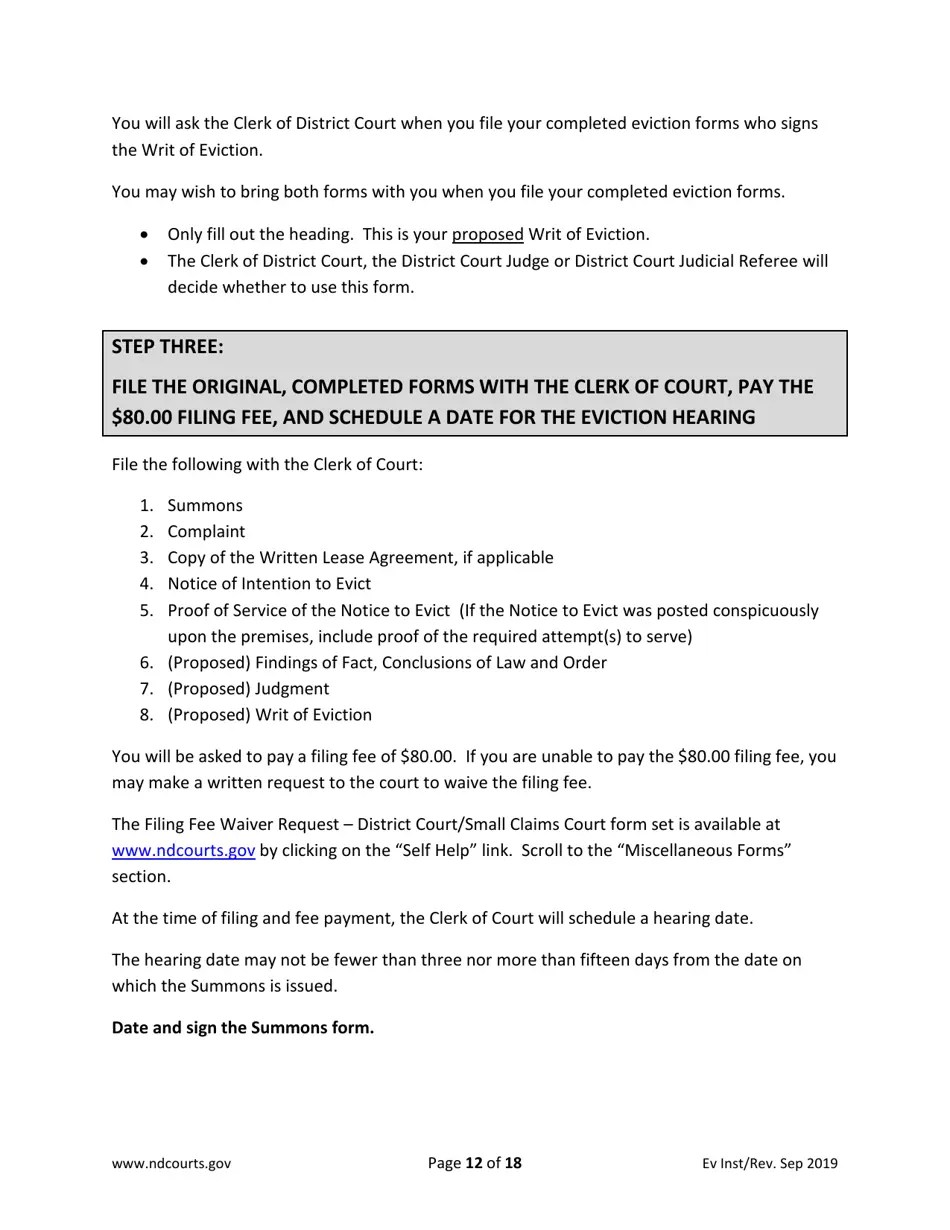 North Dakota Instructions for Eviction Forms Fill Out, Sign Online