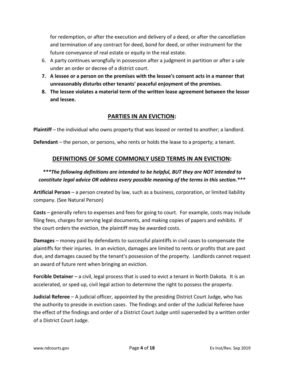 North Dakota Instructions for Eviction Forms Download Printable PDF