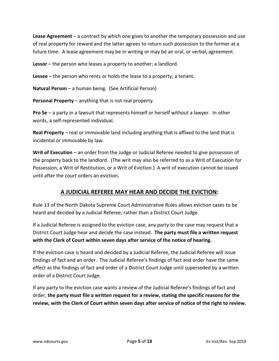 North Dakota Instructions for Eviction Forms Download Printable PDF