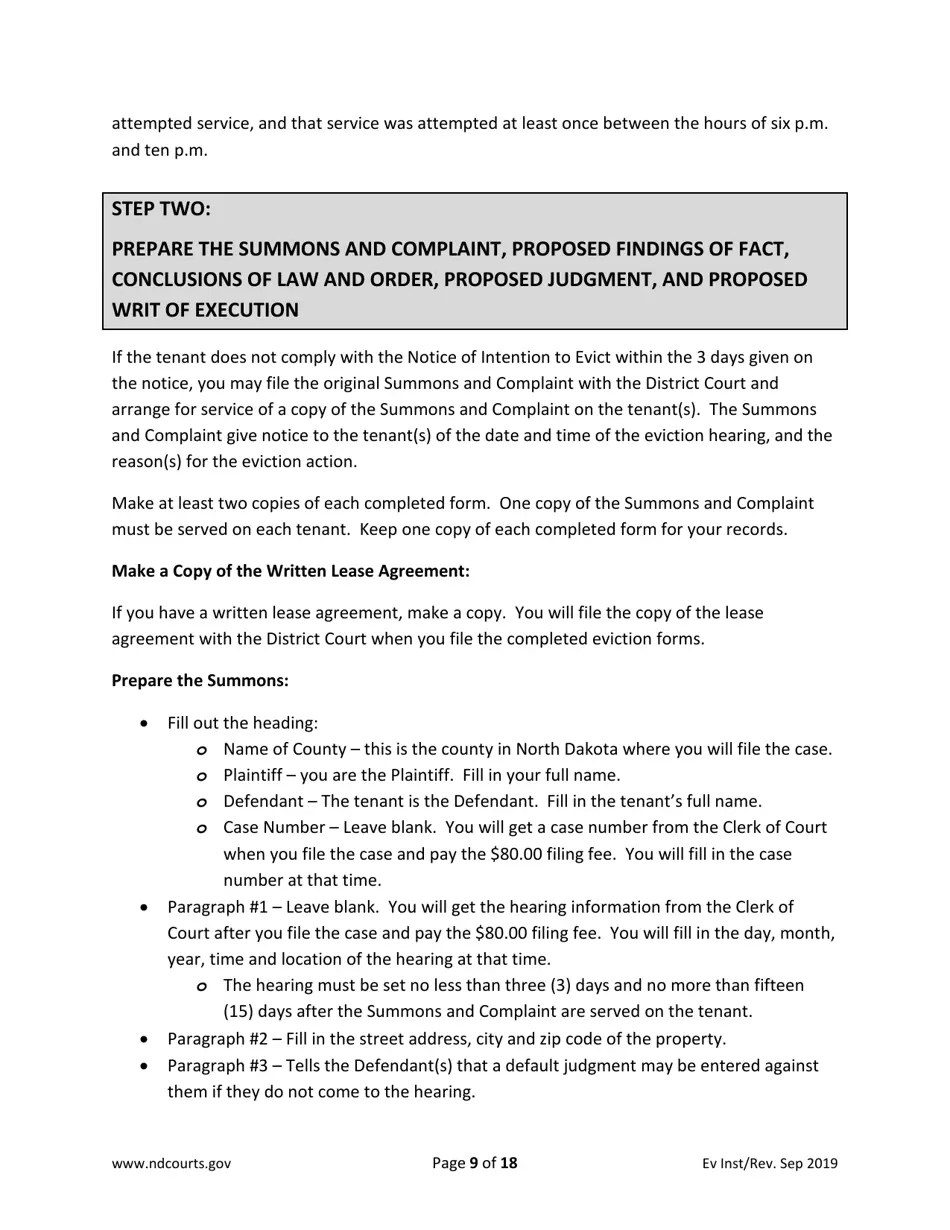 North Dakota Instructions for Eviction Forms Download Printable PDF