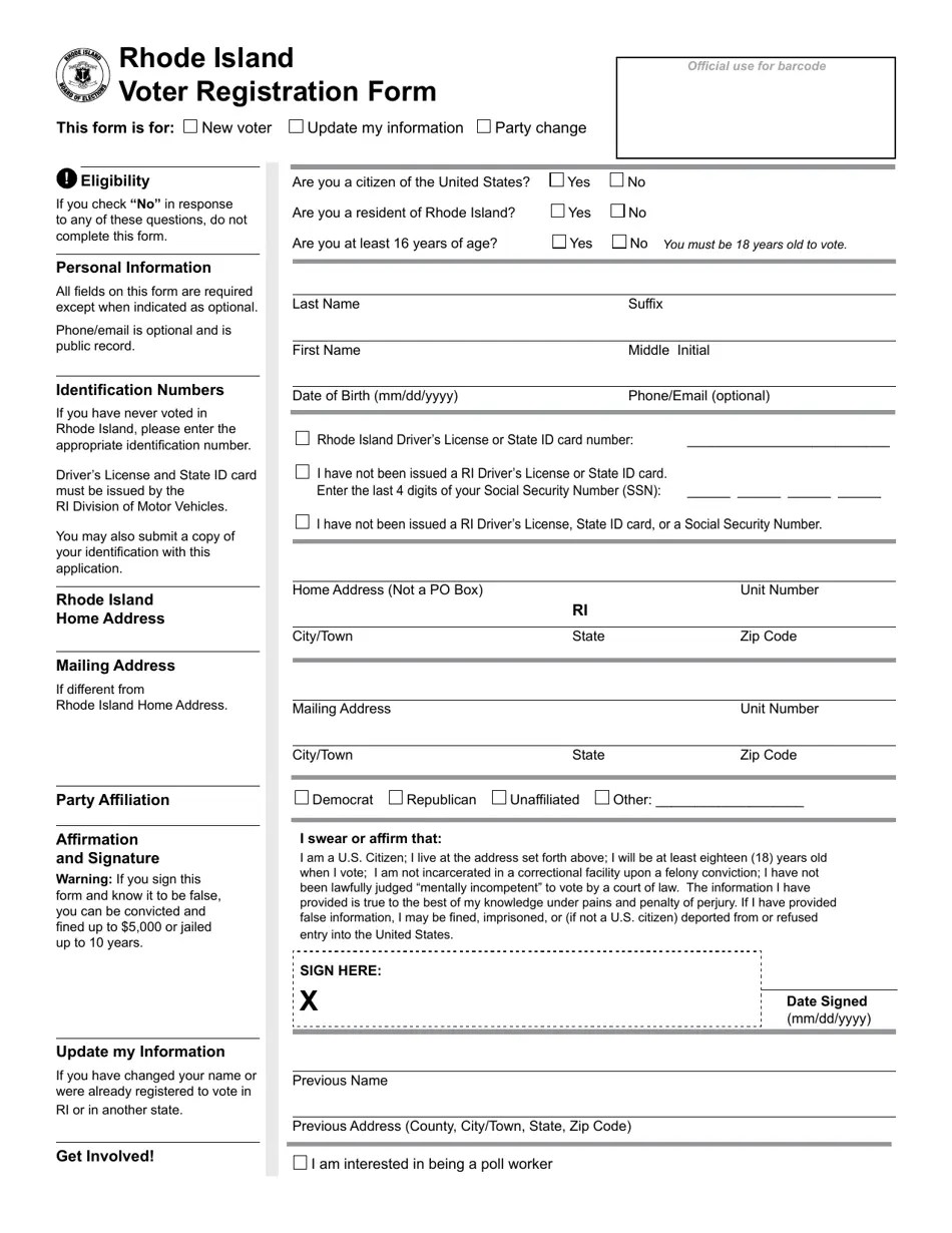 Rhode Island Rhode Island Voter Registration Form Fill Out, Sign
