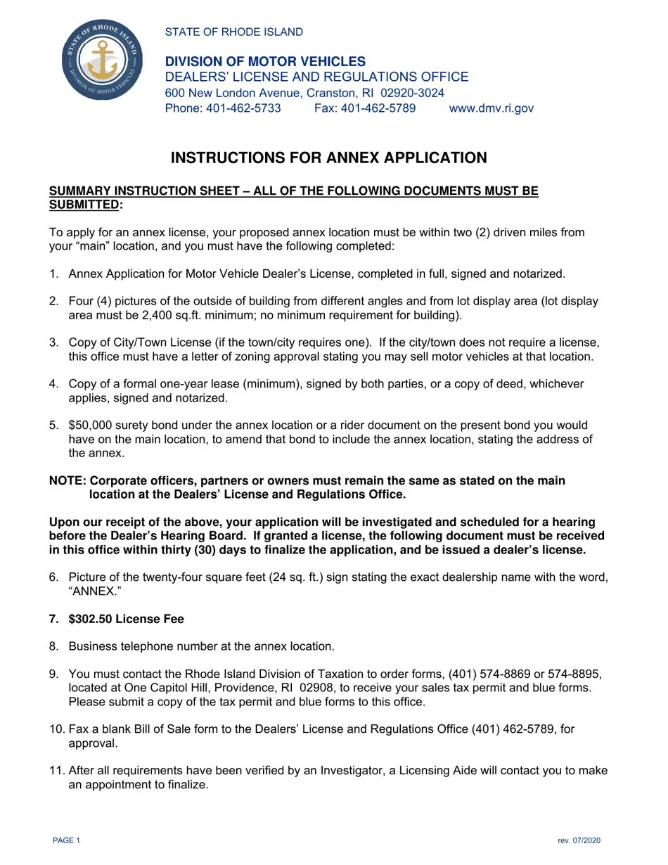 Rhode Island Annex Application for Motor Vehicle Dealer's License