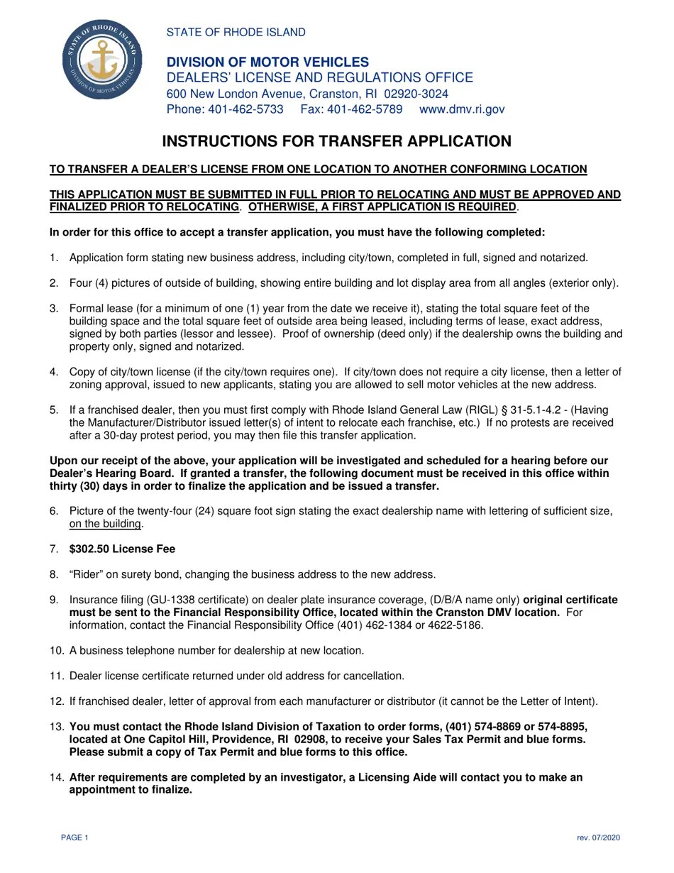 Rhode Island Transfer Application for Motor Vehicle Dealer's License
