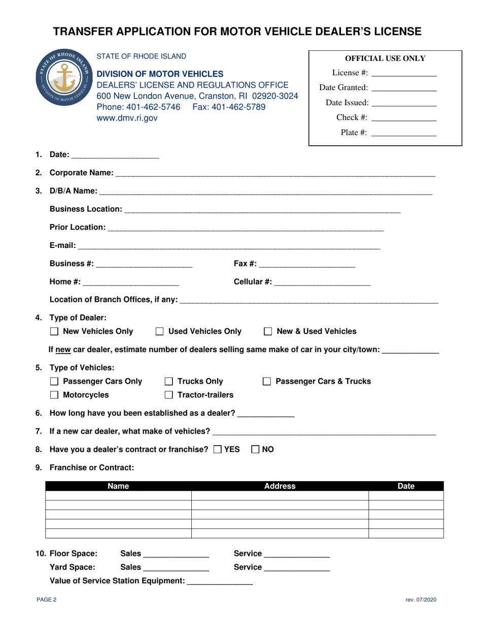 Rhode Island Transfer Application for Motor Vehicle Dealer's License