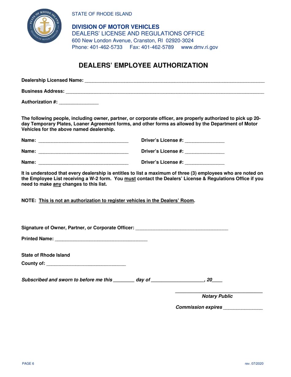 Rhode Island Transfer Application for Motor Vehicle Dealer's License