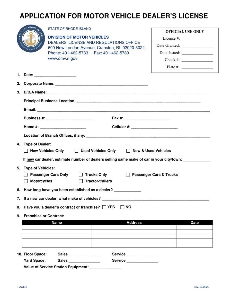 Rhode Island Application for Motor Vehicle Dealer's License Fill Out