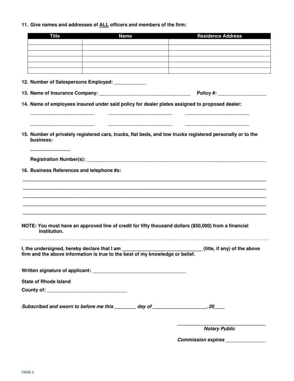 Rhode Island Application for Motor Vehicle Dealer's License Fill Out