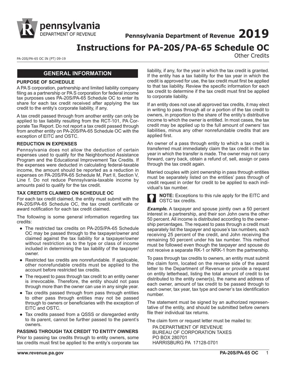 Form PA20S (PA65) Schedule OC 2019 Fill Out, Sign Online and Download Fillable PDF