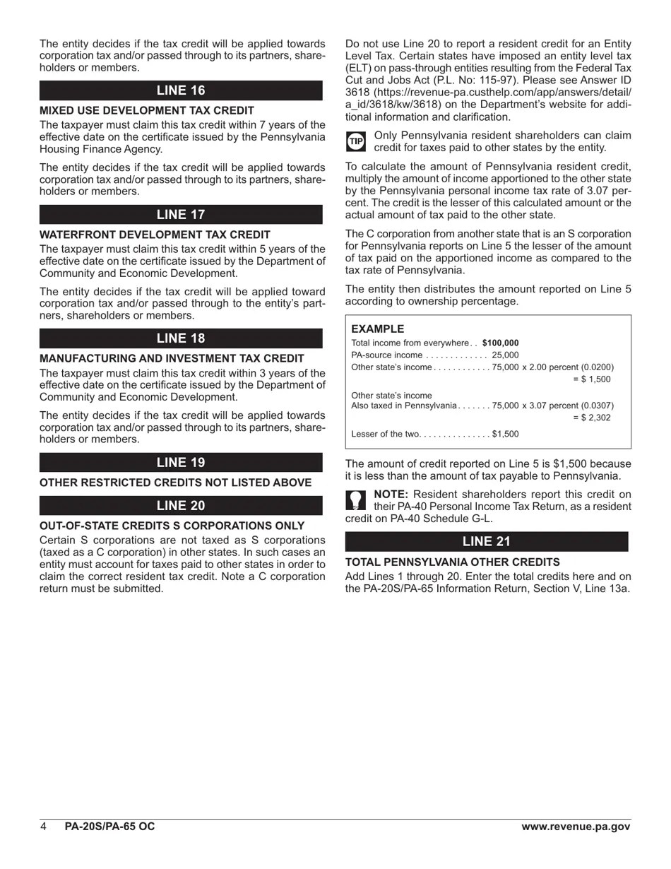 Form PA20S (PA65) Schedule OC 2019 Fill Out, Sign Online and Download Fillable PDF