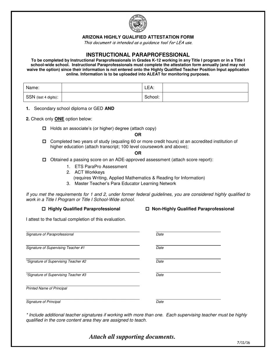 Arizona Arizona Highly Qualified Attestation Form Instructional
