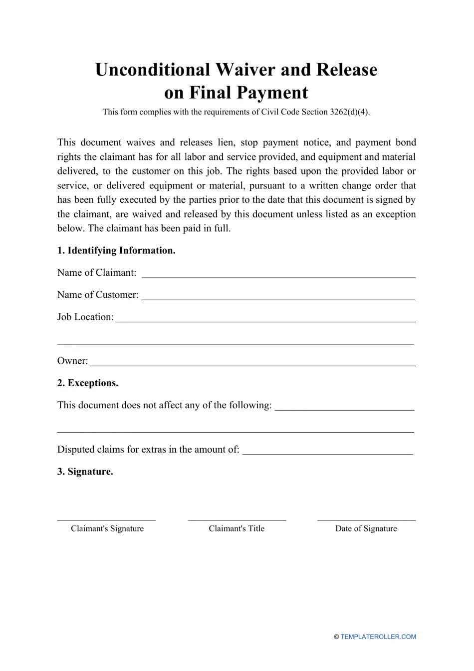 Unconditional Waiver and Release on Final Payment Fill Out, Sign