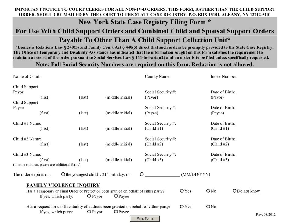 New York New York State Case Registry Filing Form for Use With Child Support Orders and Combined