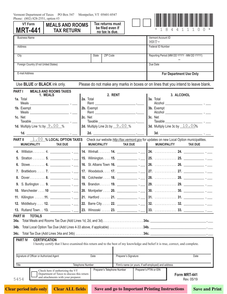 VT Form MRT441 Download Fillable PDF or Fill Online Meals and Rooms Tax Return, Vermont 2015