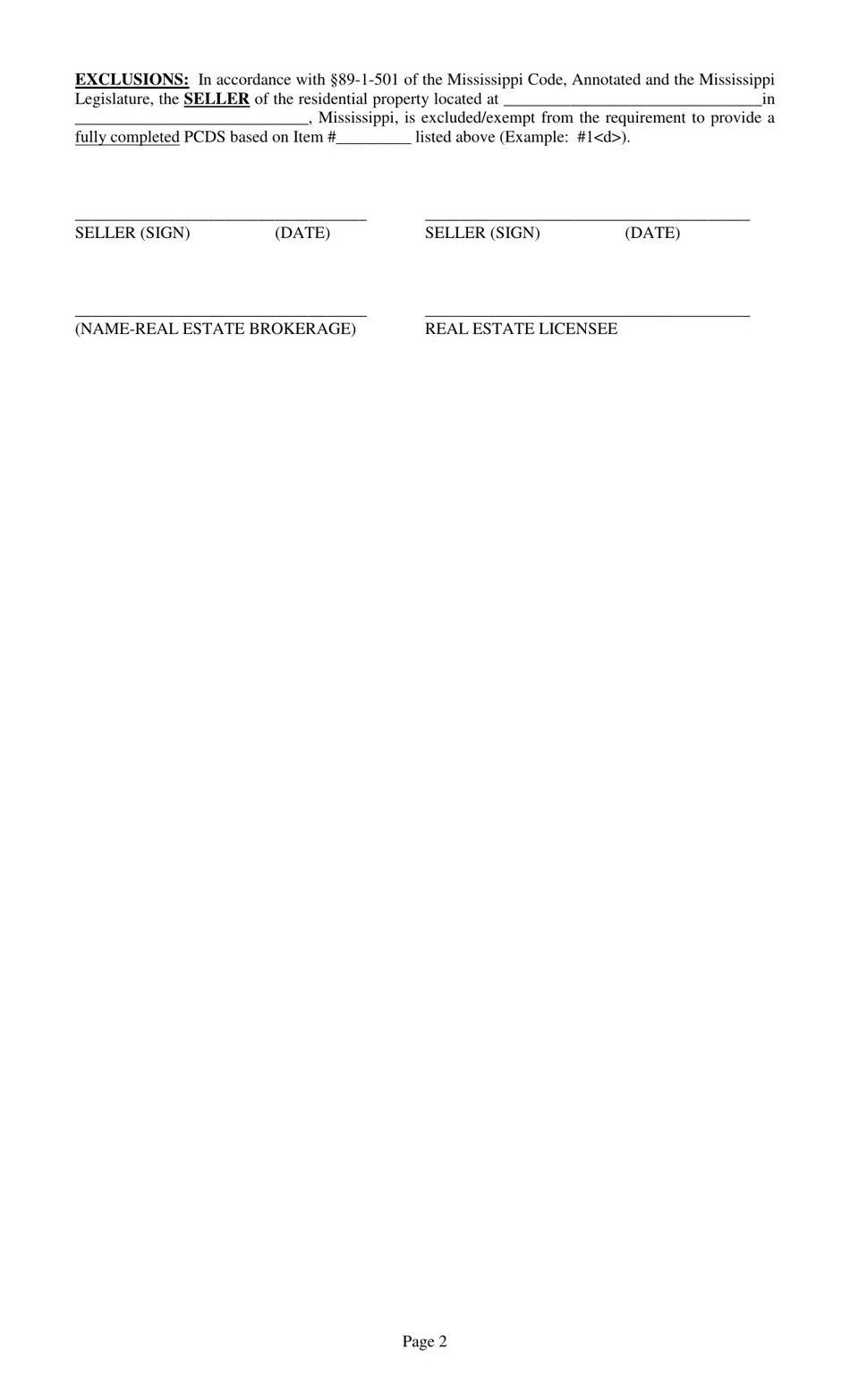 Mississippi Seller's Statement of Exclusion From Completing the