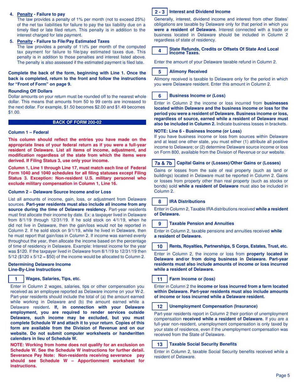 Download Instructions for Form 20002 Delaware Individual Nonresident