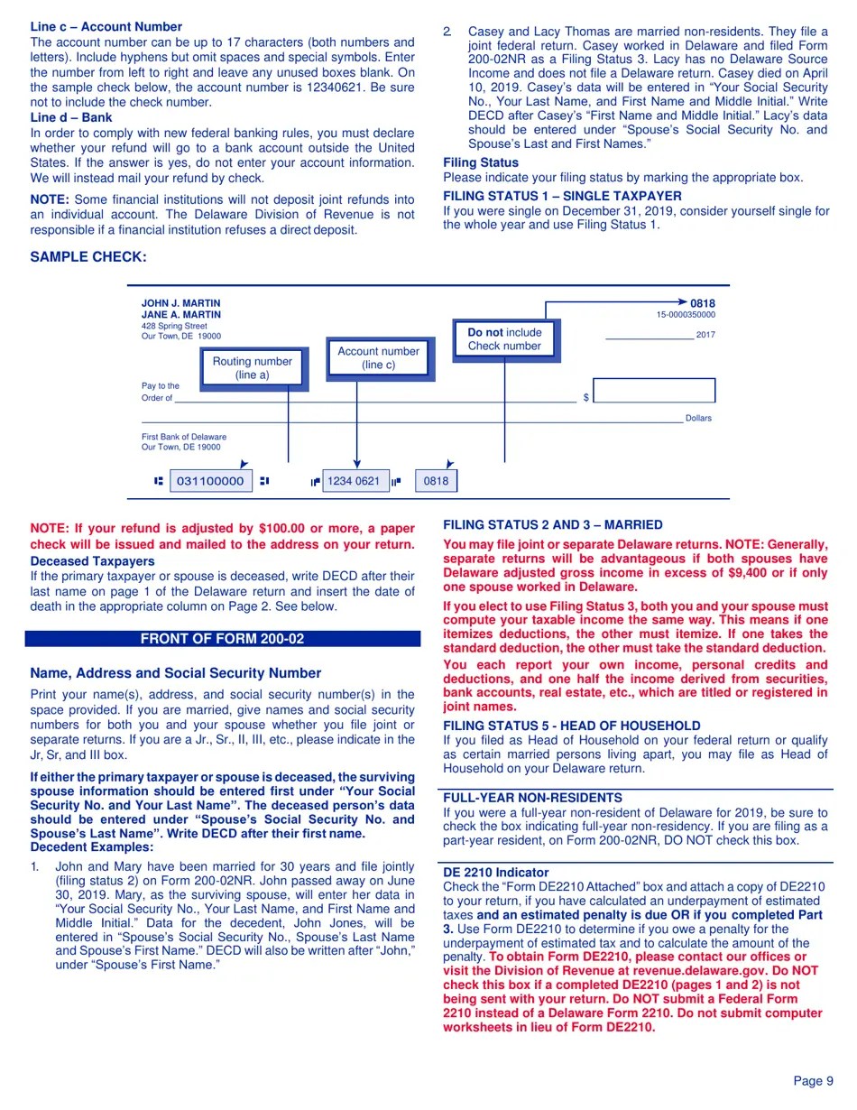 Download Instructions for Form 20002 Delaware Individual Nonresident