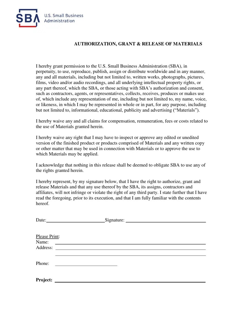 Authorization, Grant & Release of Materials Download Printable PDF Templateroller
