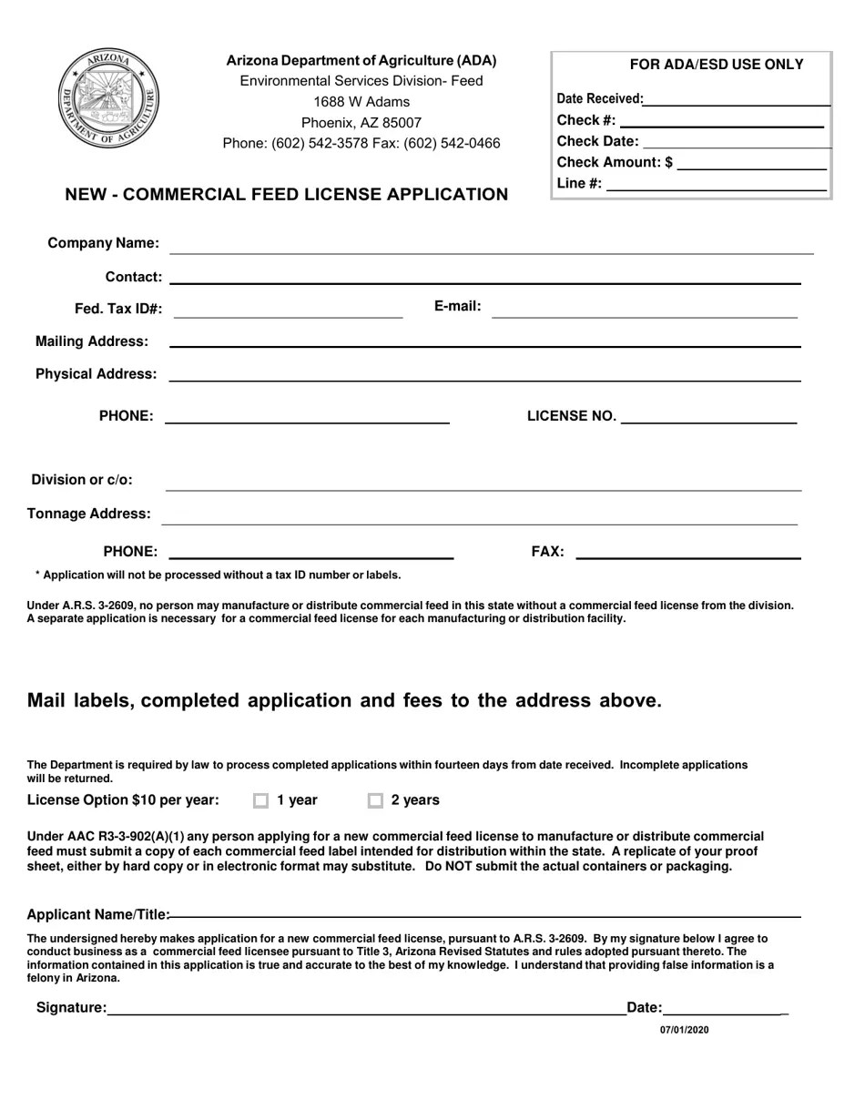 Arizona New Commercial Feed License Application Download Printable