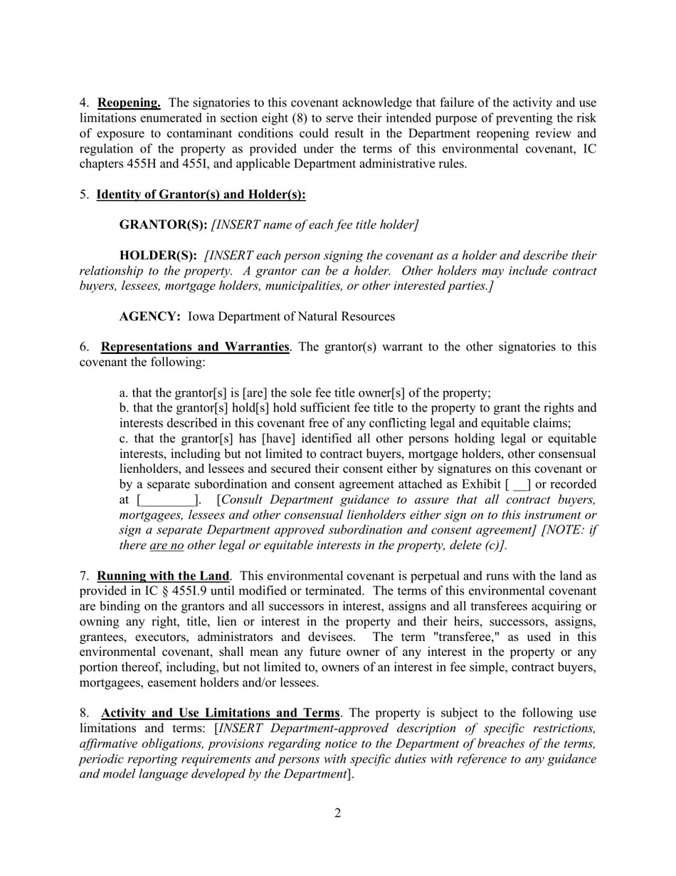 Iowa Iowa Land Recycling Program Environmental Covenant Model Download