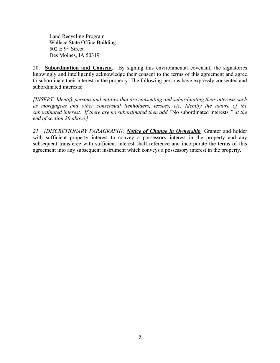 Iowa Iowa Land Recycling Program Environmental Covenant Model Download