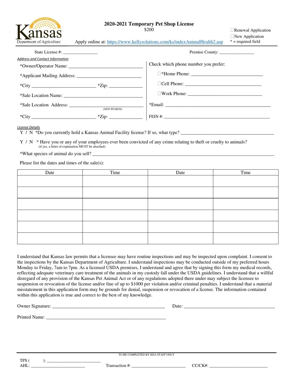 2021 Kansas Temporary Pet Shop License Fill Out, Sign Online and