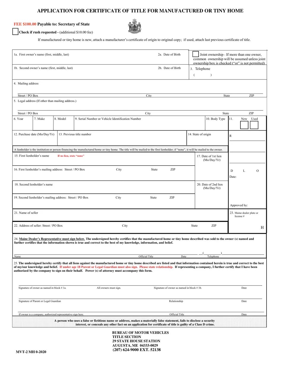 Form MVT2 MH Download Fillable PDF or Fill Online Application for