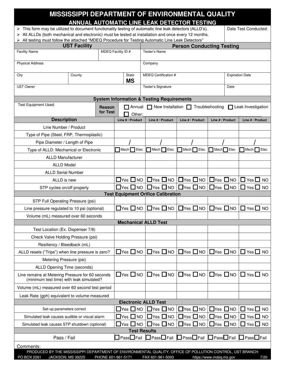 Mississippi Annual Automatic Line Leak Detector Testing Fill Out