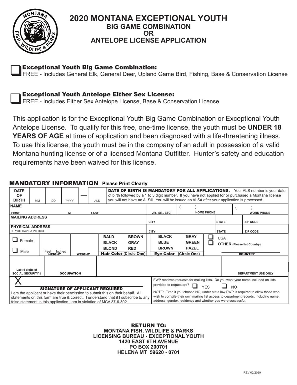 2020 Montana Montana Exceptional Youth Big Game Combination or Antelope License Application