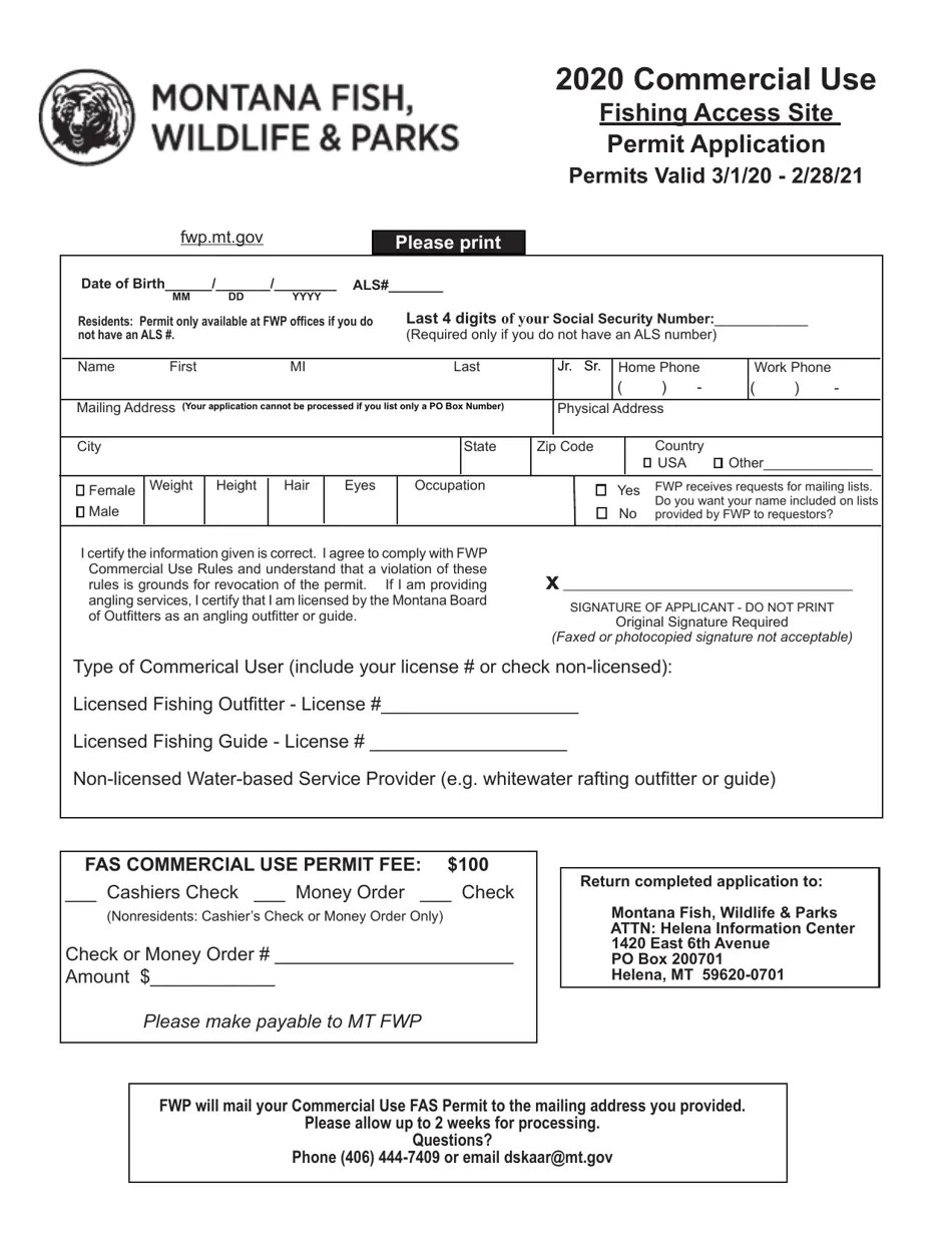 2020 Montana Commercial Use Fishing Access Site Permit Application