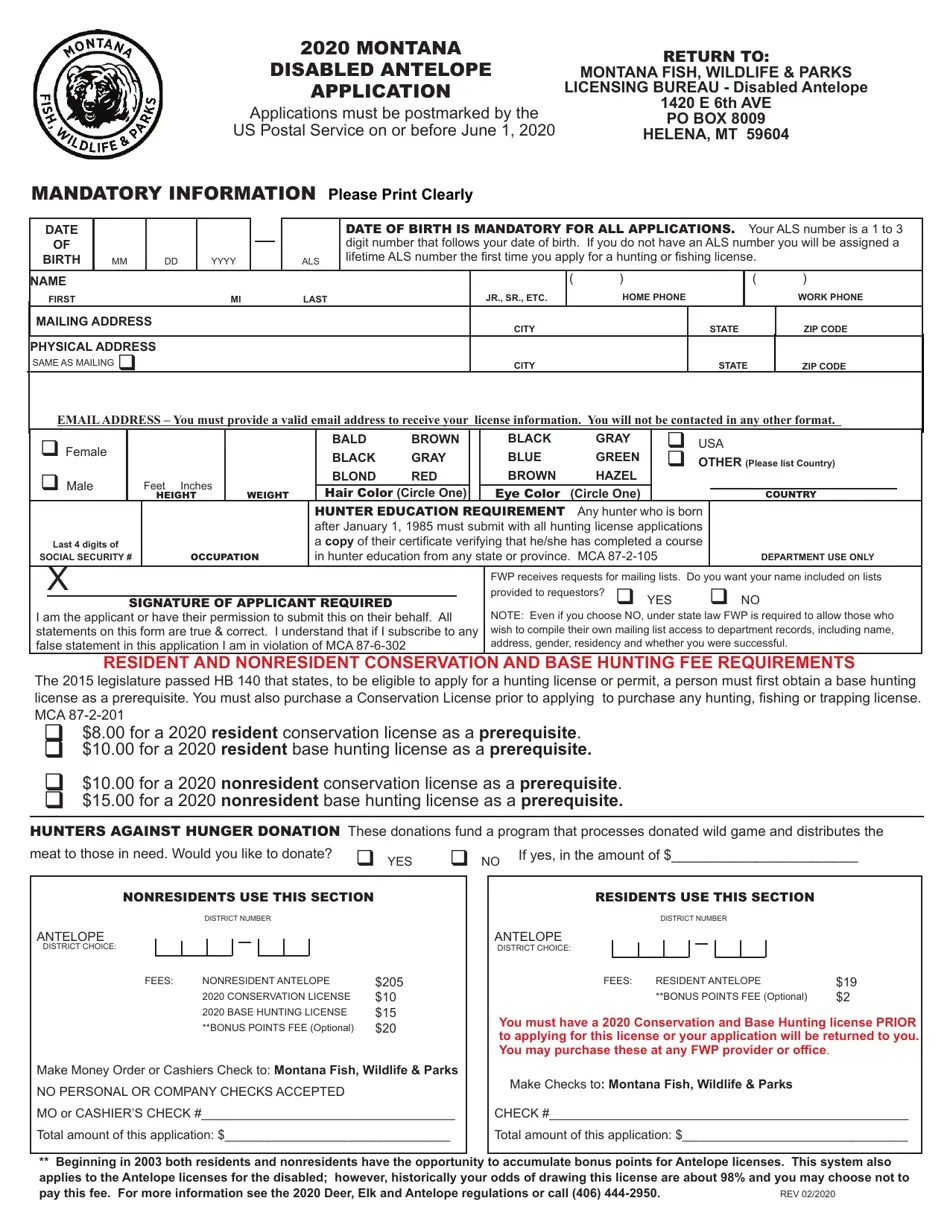 2020 Montana Montana Disabled Antelope Application Download Printable