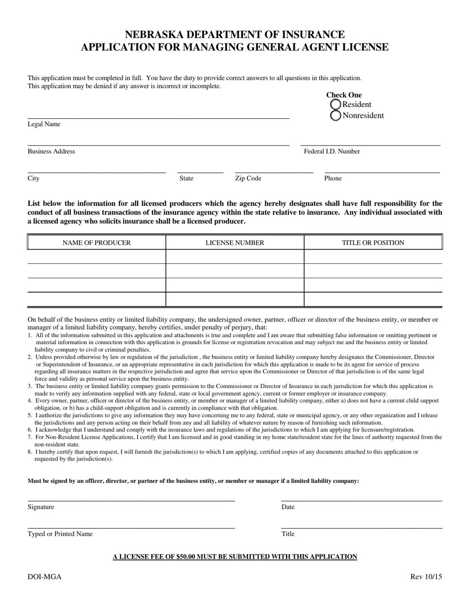 Nebraska Application for Managing General Agent License Fill Out