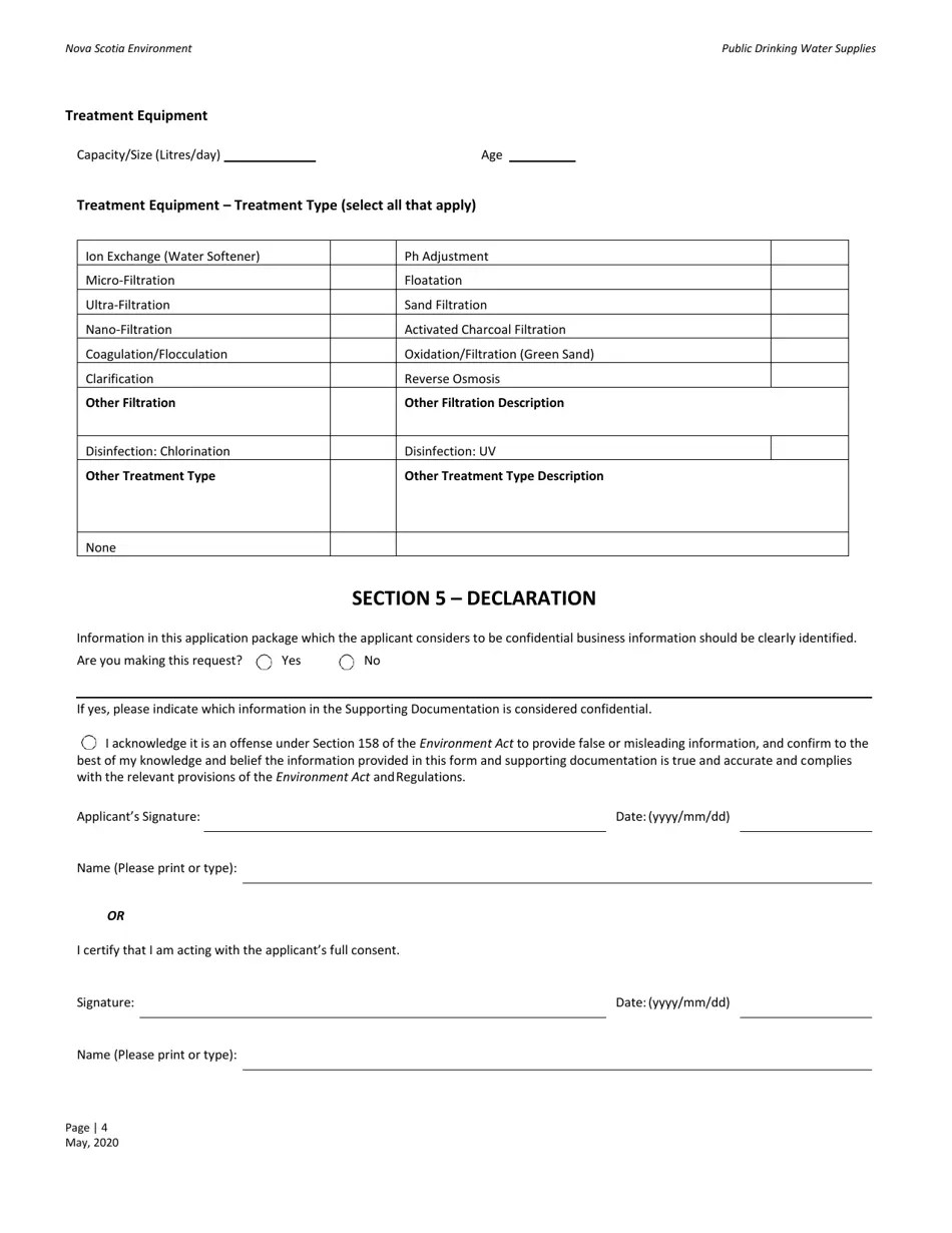 Nova Scotia Canada Public Drinking Water Supplies Application for