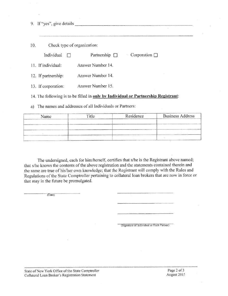 New York Collateral Loan Broker's Registration Statement Fill Out