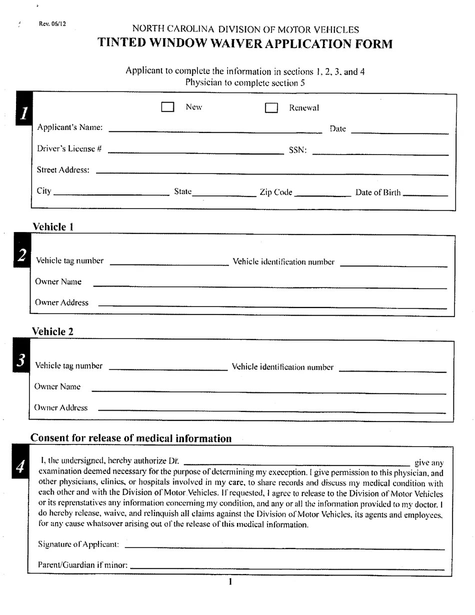 North Carolina Tinted Window Waiver Application Form Fill Out, Sign