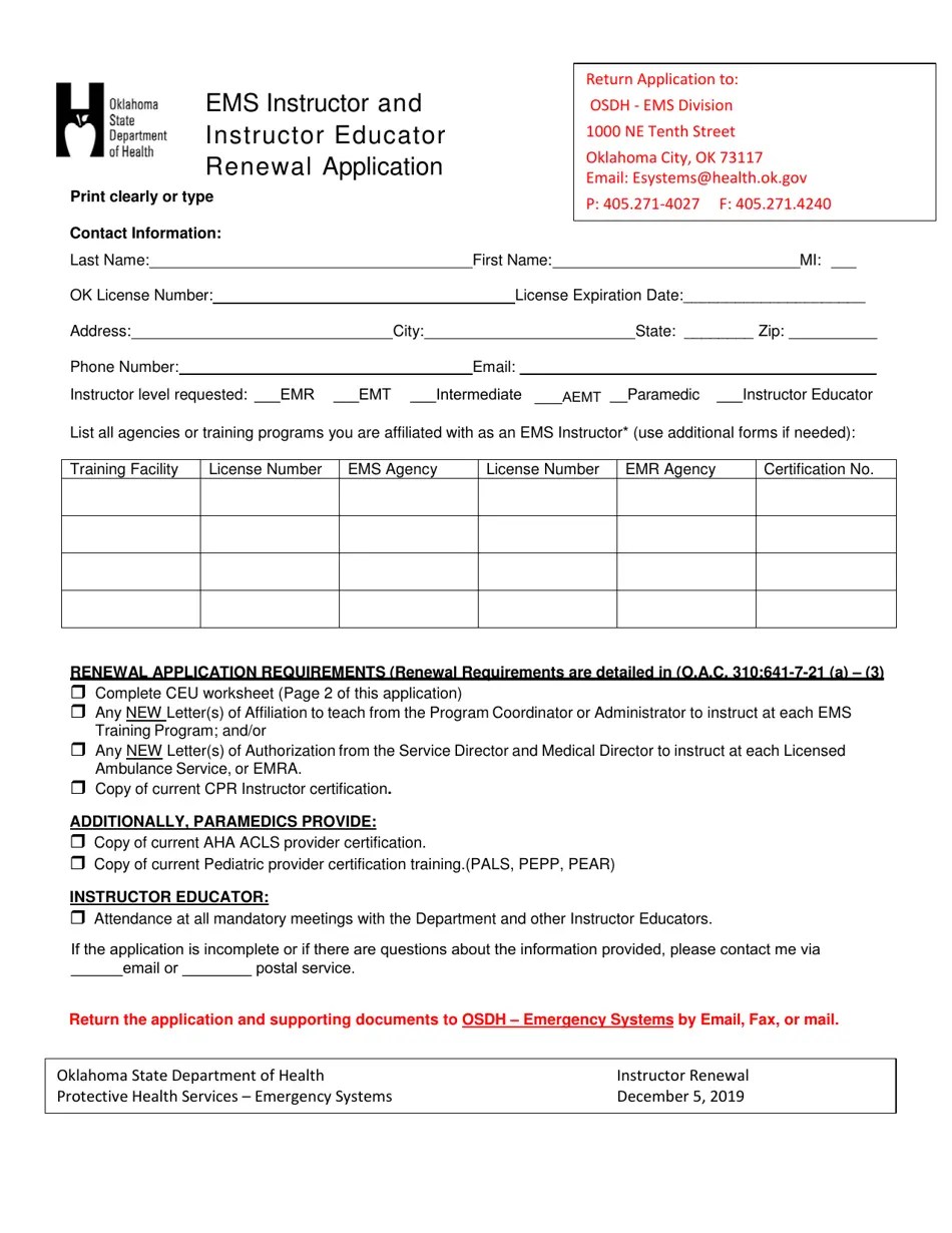 Oklahoma EMS Instructor and Instructor Educator Renewal Application Download Printable PDF