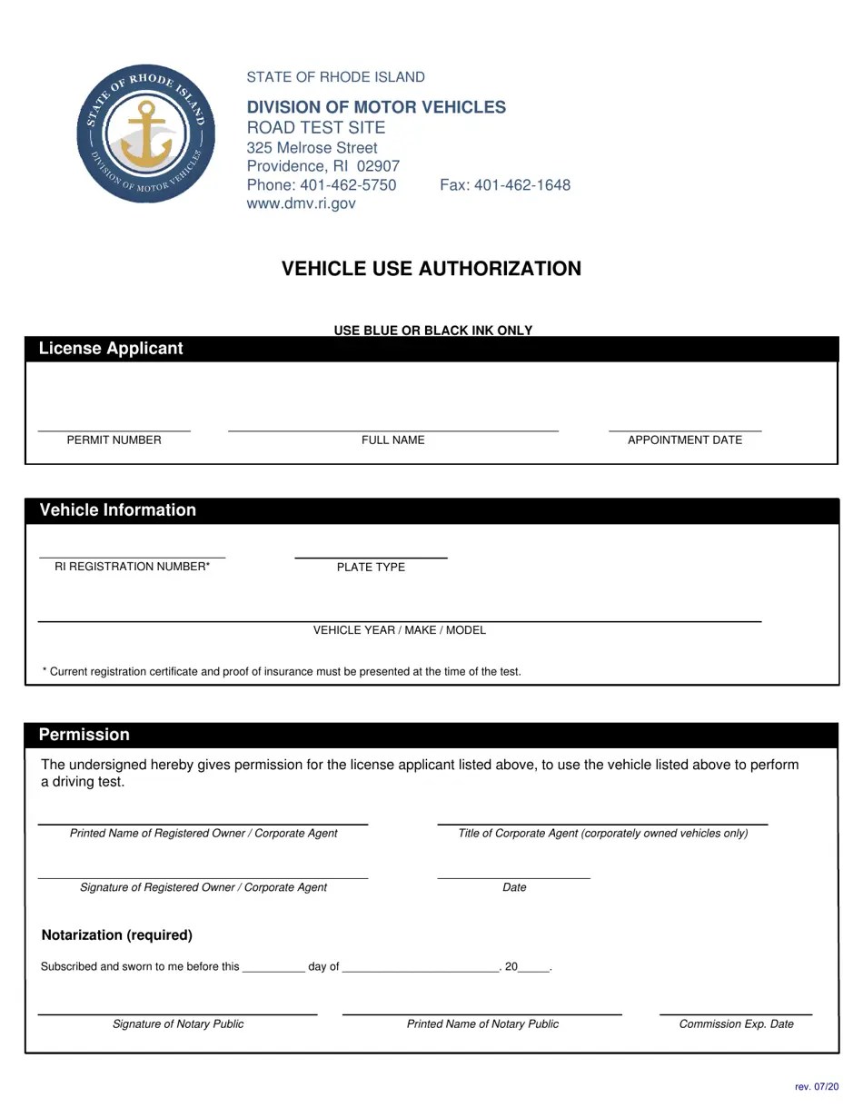 Rhode Island Vehicle Use Authorization Download Fillable PDF 2015