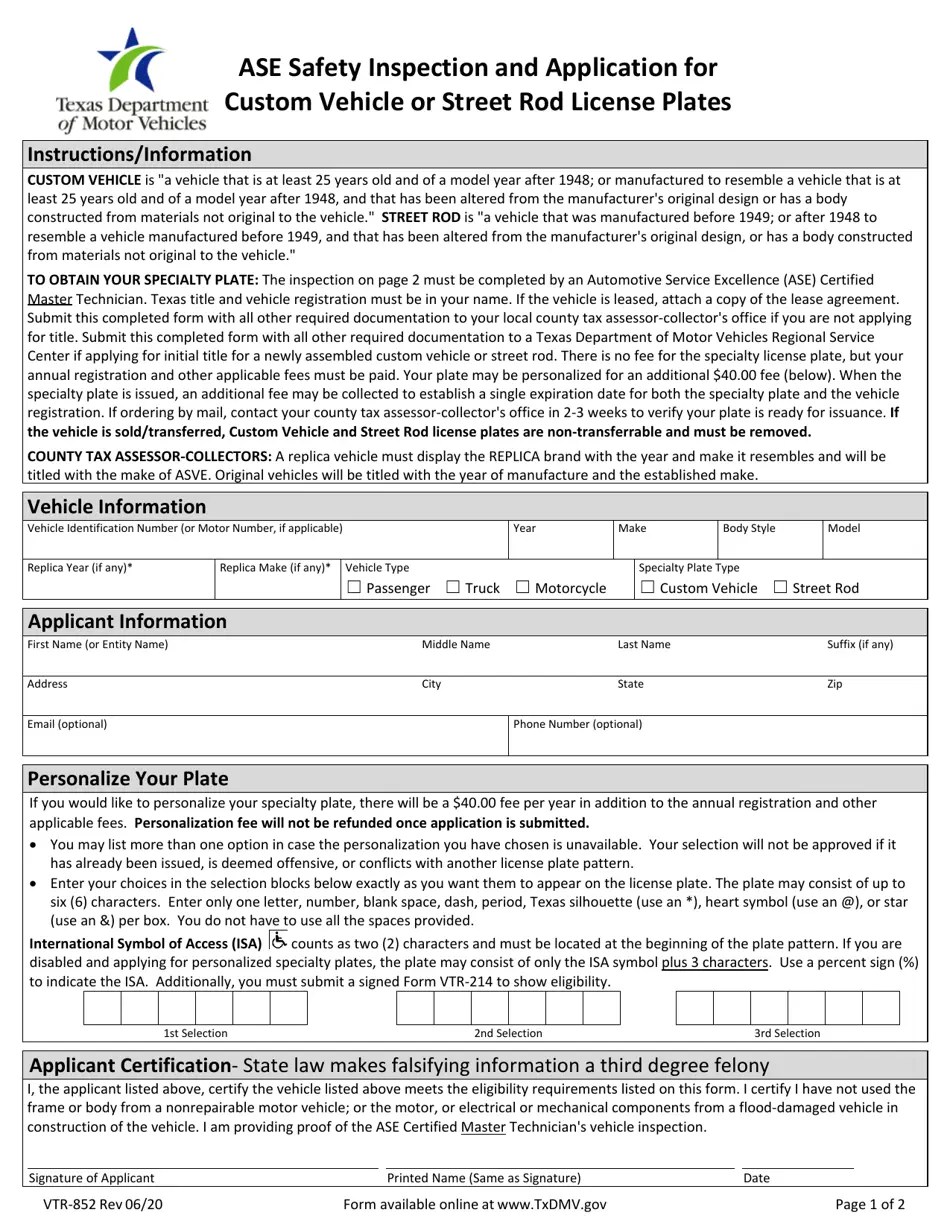 Form VTR852 Download Fillable PDF or Fill Online Ase Safety Inspection