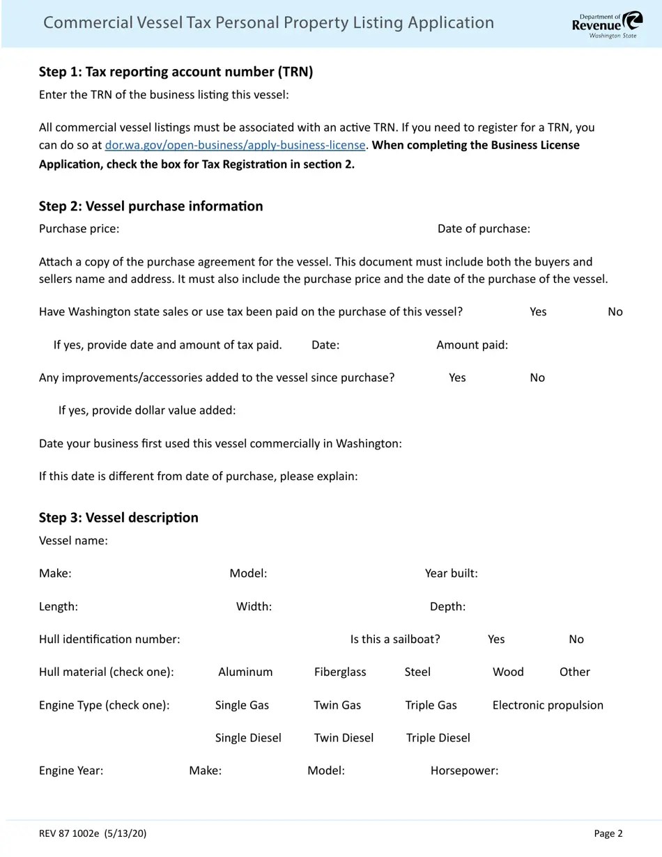 Form REV87 1002E Download Fillable PDF or Fill Online Commercial Vessel