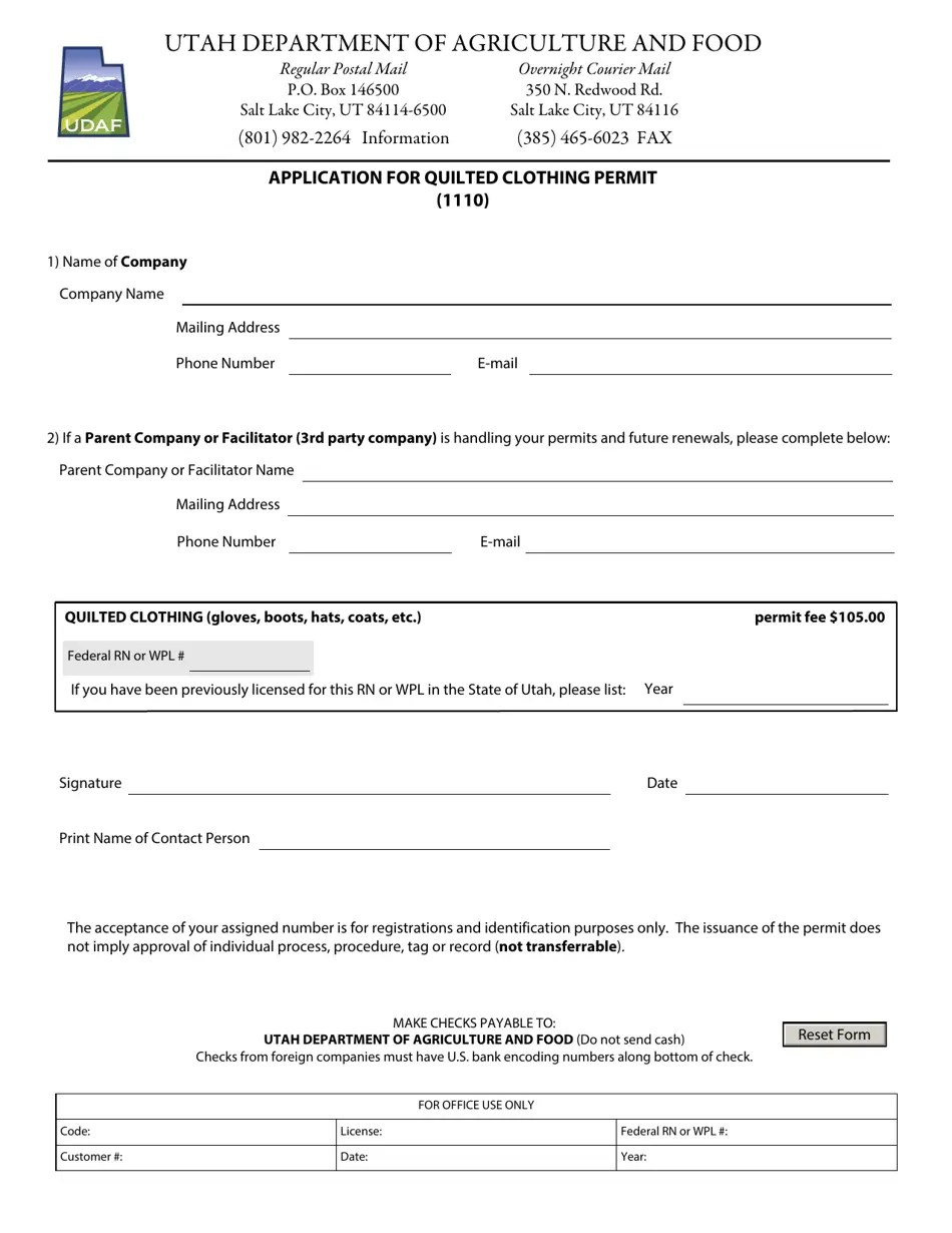 Utah Application for Quilted Clothing Permit (1110) Fill Out, Sign