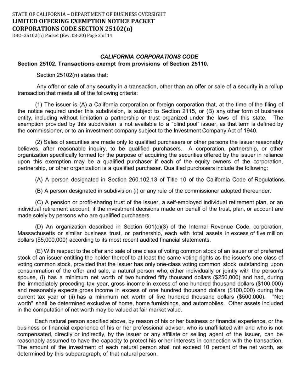 Form DBO25102(N) Download Fillable PDF or Fill Online Limited Offering