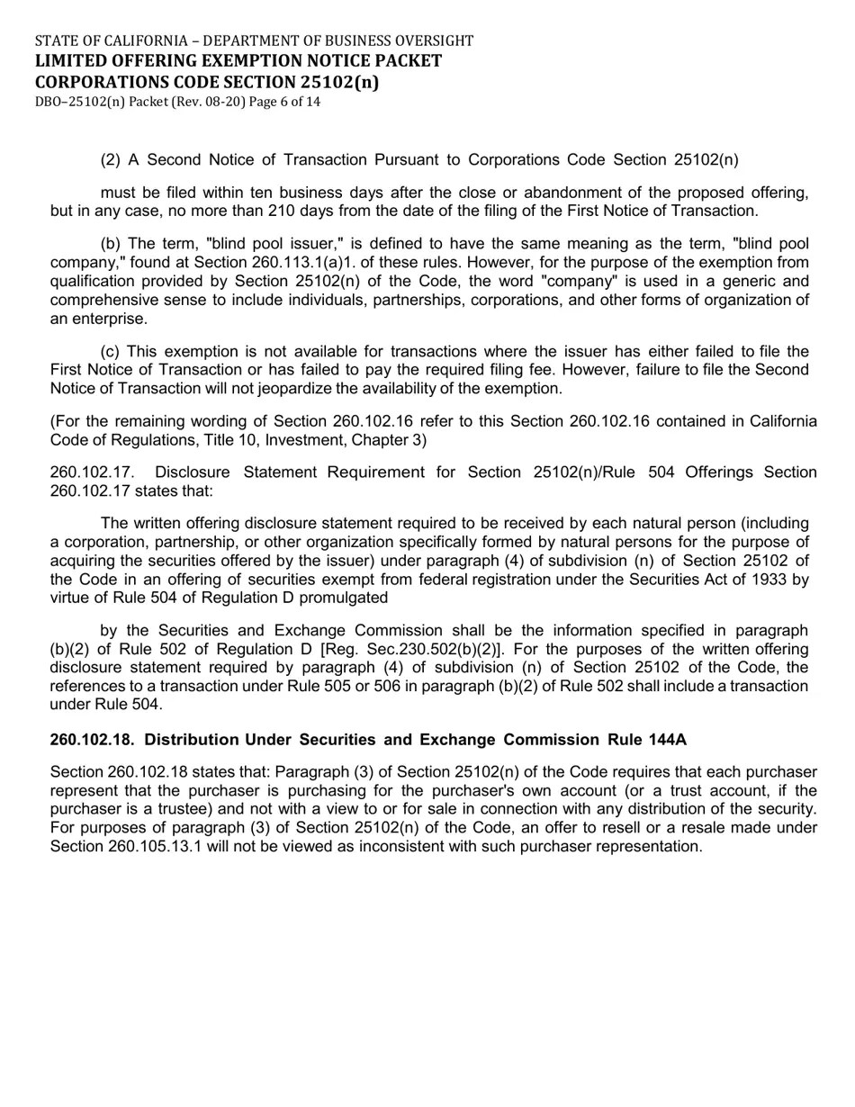 Form DBO25102(N) Download Fillable PDF or Fill Online Limited Offering