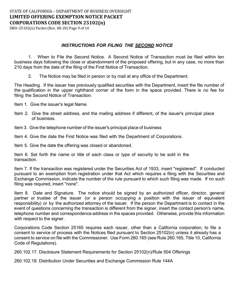 Form DBO25102(N) Download Fillable PDF or Fill Online Limited Offering