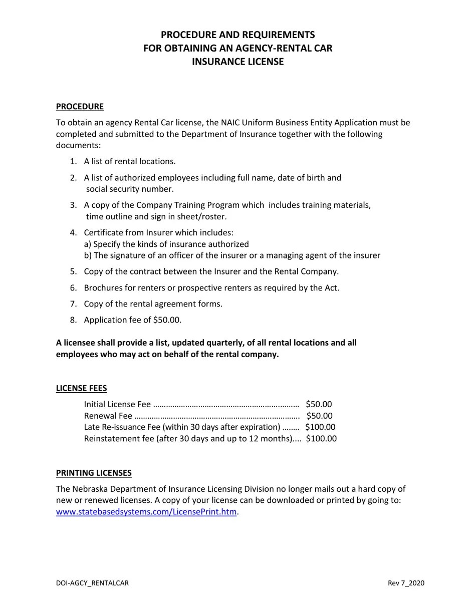 Nebraska Rental Car Agency Limited License Application Fill Out, Sign