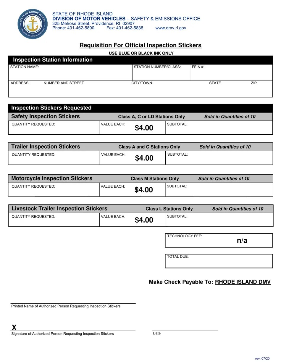 Rhode Island Requisition for Official Inspection Stickers Download