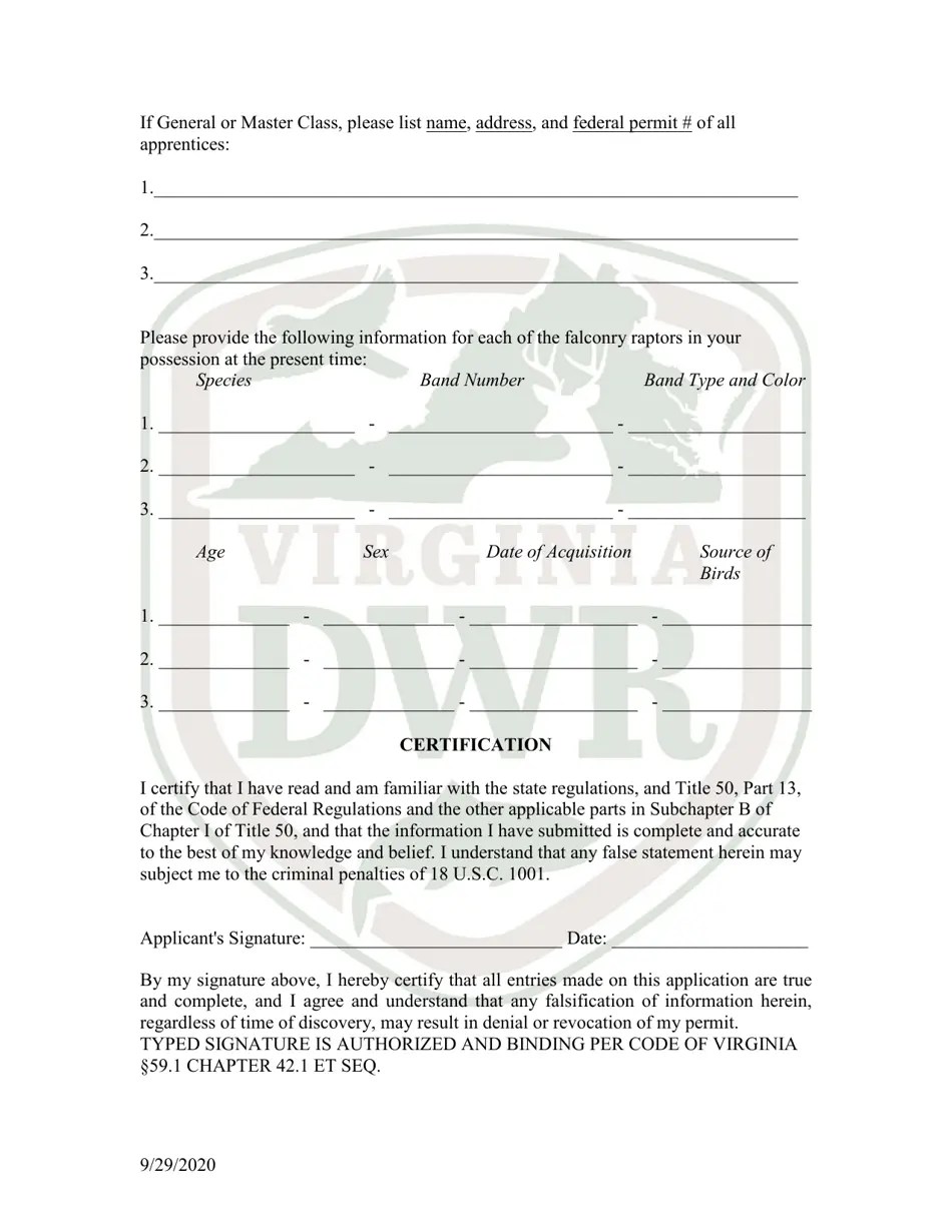 Virginia Falconry Permit Application (11 Falc) Fill Out, Sign