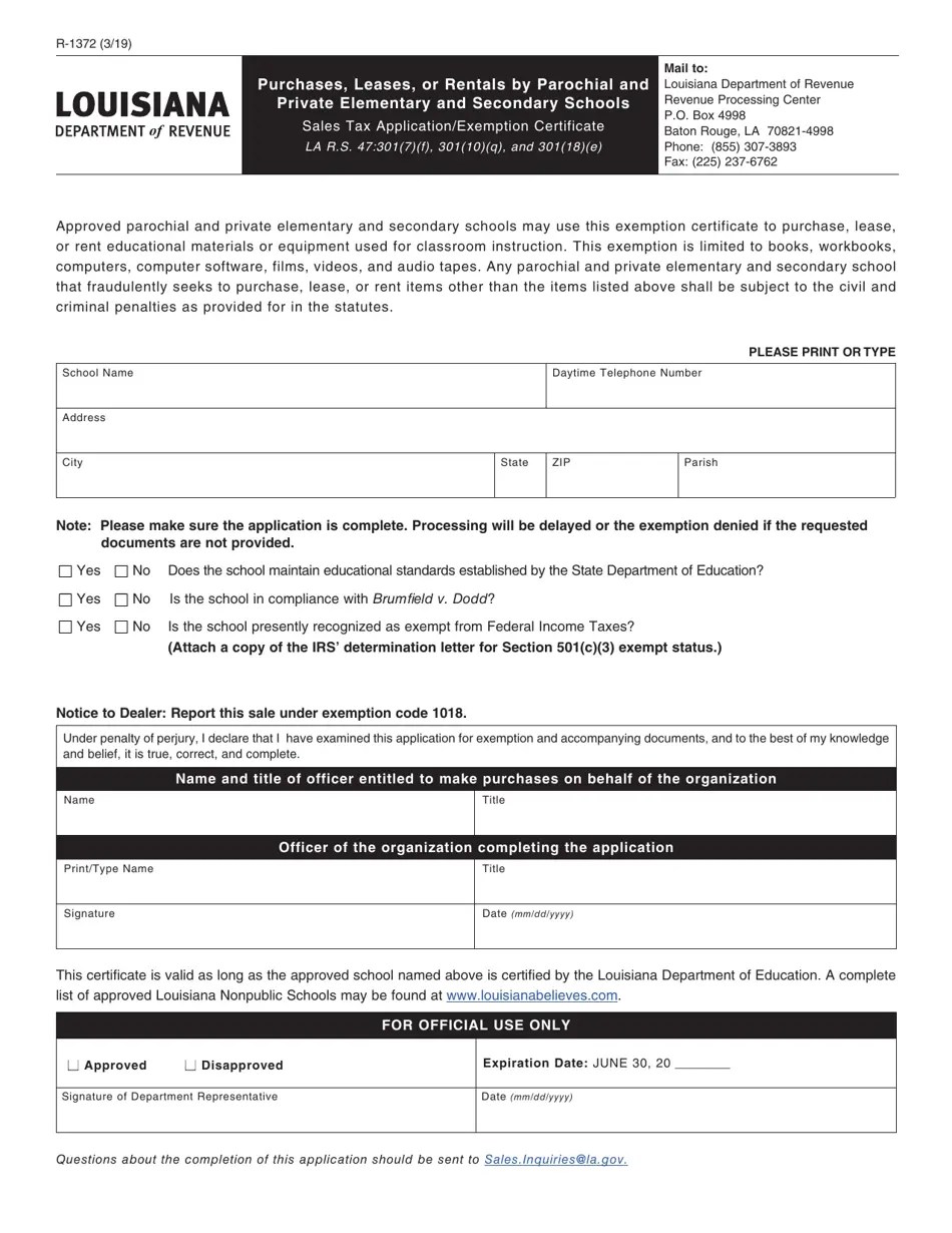 Form R1372 Download Fillable PDF or Fill Online Purchases, Leases, or Rentals by Parochial and