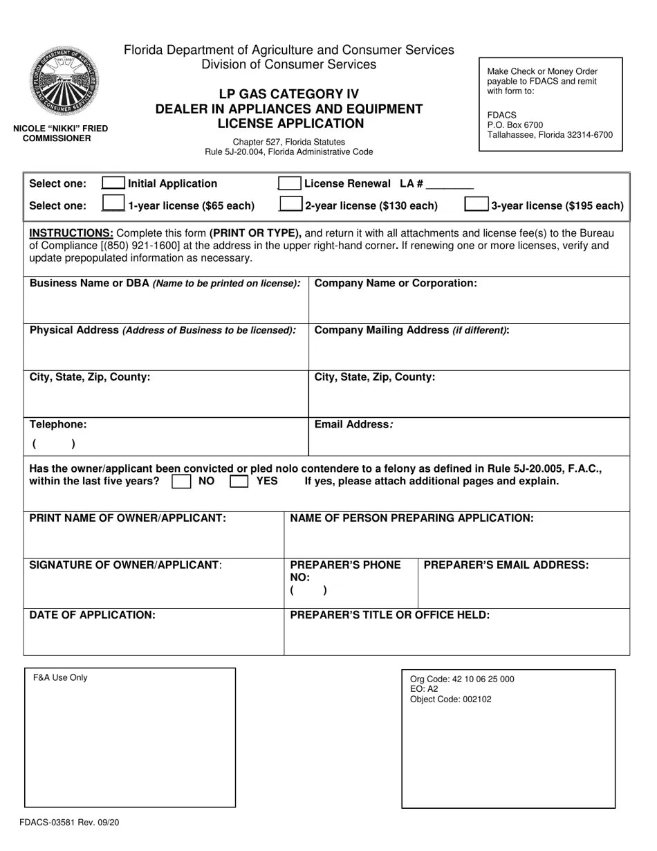 Form FDACS03581 Download Fillable PDF or Fill Online Lp Gas Category