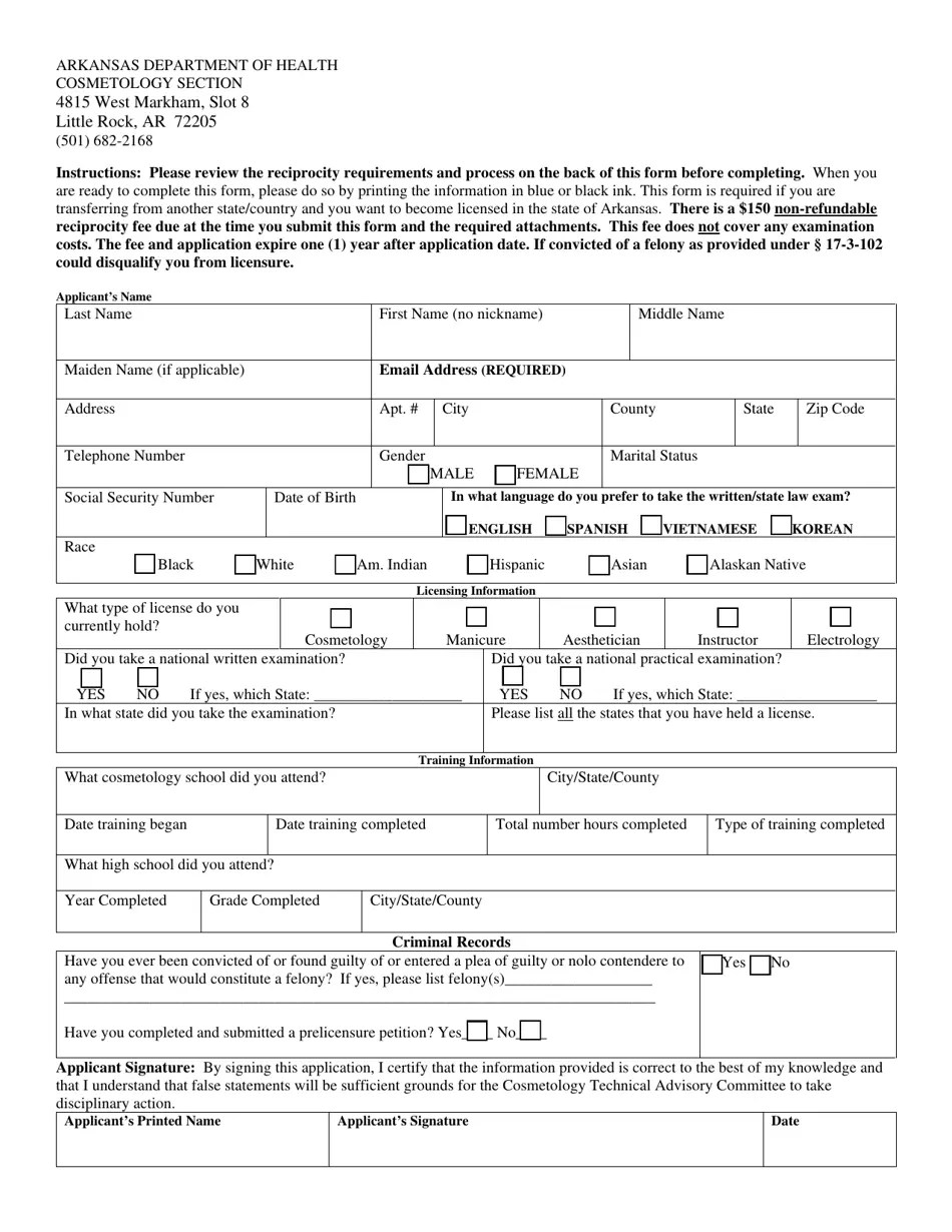 Arkansas Reciprocity Form Fill Out, Sign Online and Download PDF